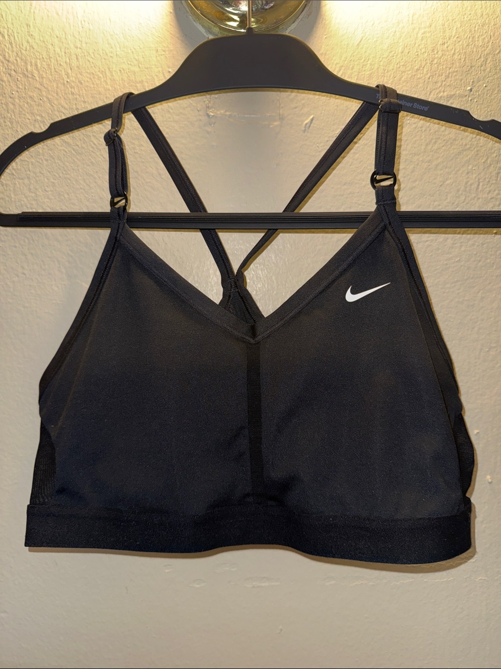Nike Black Strappy V-Neck Sports Bra with White Swoosh